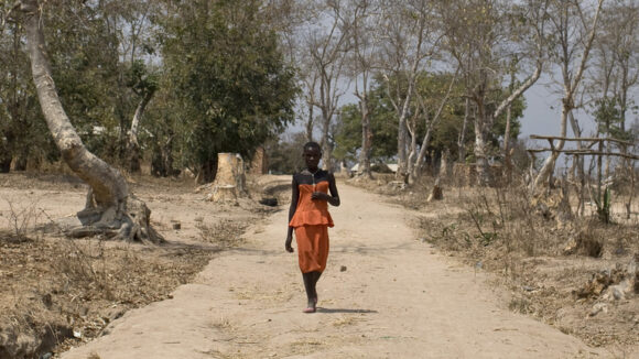 A woman in the distance on a dusty tree lined road in Malawi