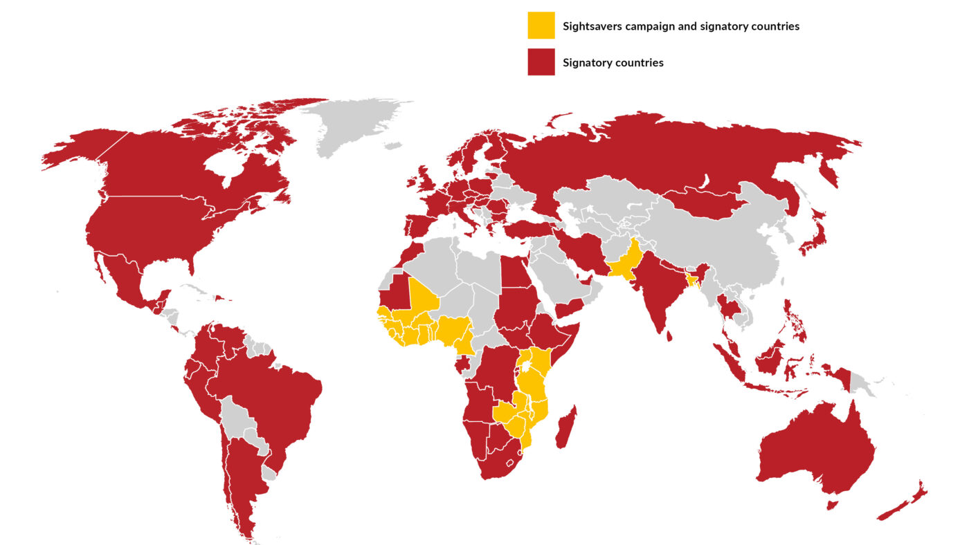 World map with countries coloured either red or yellow depending on their campaign engagement. Key in the top right.