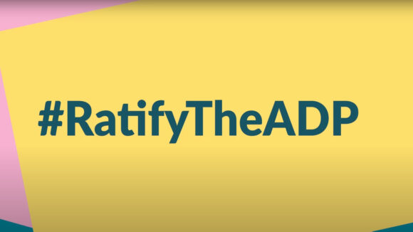 A still from Sightsavers' campaign video, with the text 'Ratify the ADP'.
